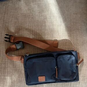Navy Waist Bag with Brown Strap